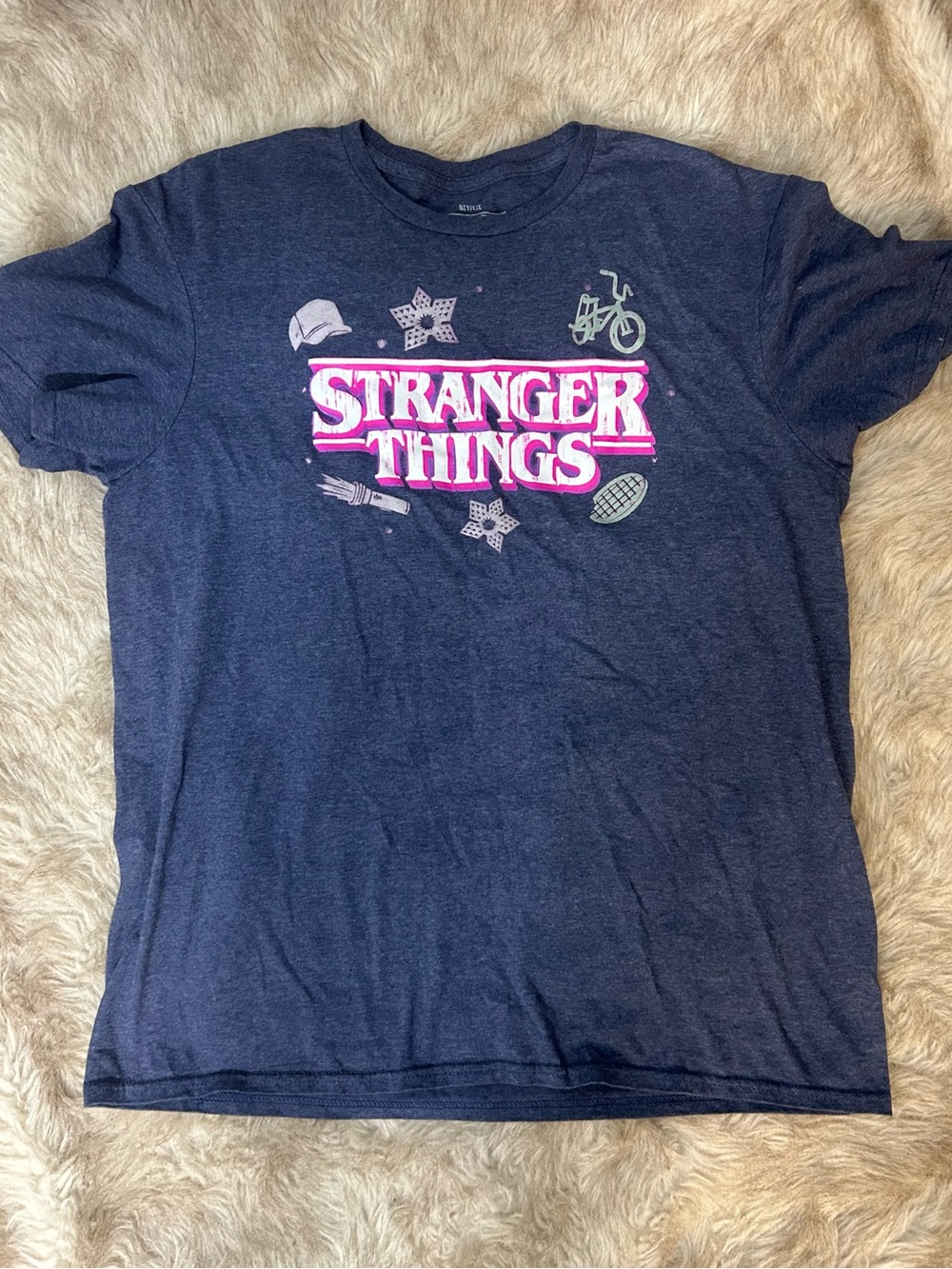 Netflix Navy Tee with Pink and White "Stranger Things" Logo